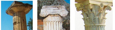 Exemples de chapiteaux: dorique (Olympie), ionique (Delphes) et corinthien (Epidaure)