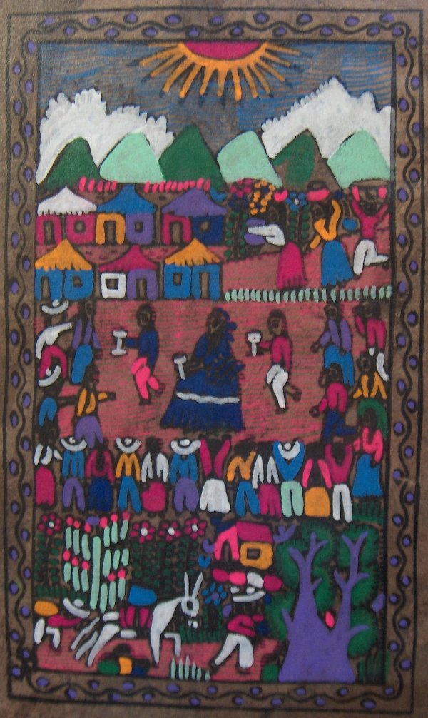 Oeuvre d'une petite indienne au marché d'Oaxaca, création naïve et colorée sur un fort papier marron en fibres locales.